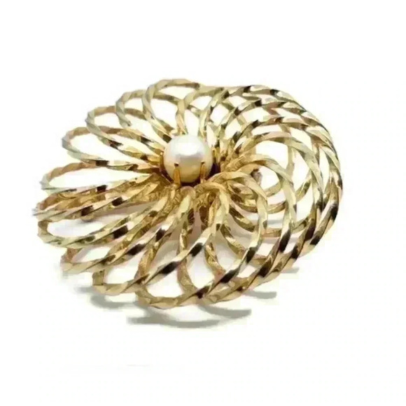 Vintage Brooch Twisted Round Puffy Caged Faux Pearl MCM 10k Gold Plated - Picture 3 of 10